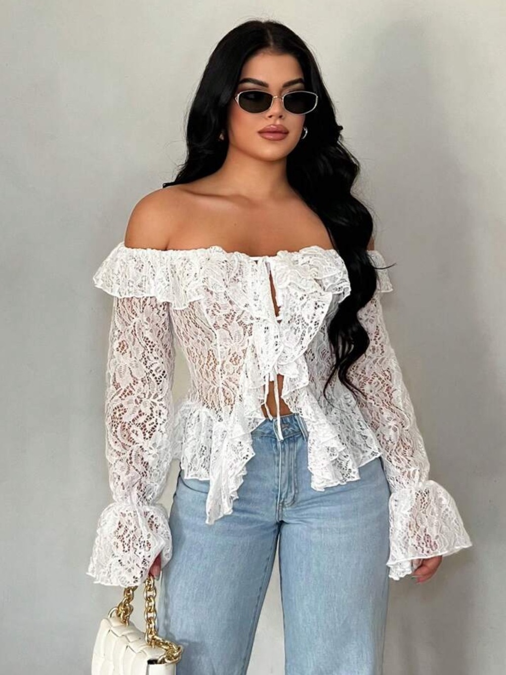 SXY Plus Size Women's Regular Length White Knitted Fabric Lace Top